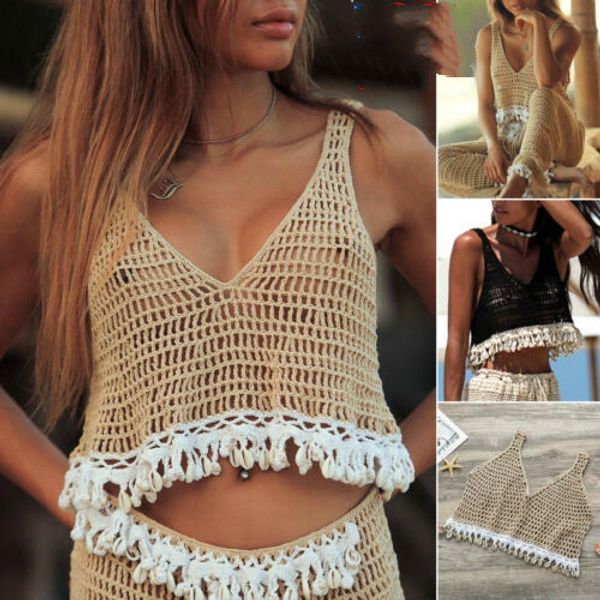 

meihuida women knitted cover-ups casual crochet ladies tank vest sleeveless tassel crop summer women beachwear cover-up, Blue;gray