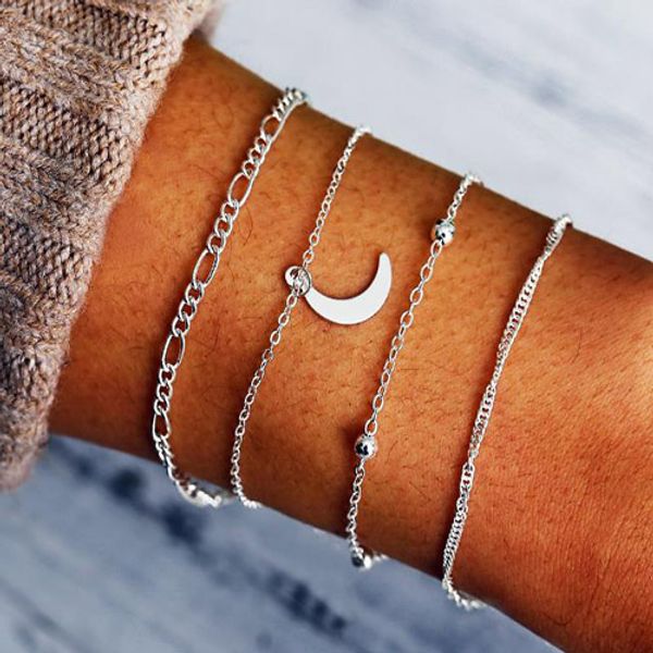 

simple bracelets bangles women creative compass mountain peak moon gem chain pendant multilayer silver bracelet set jewelry, Golden;silver