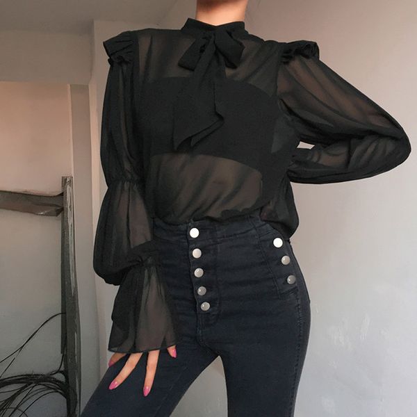 

women black blouse o-neck lantern sleeve perspective dot mesh sleeve casual loose blouses woman 2019 long tunic sexy, White