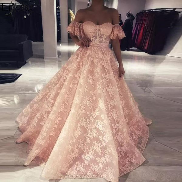 

Stunning Blush Pink A Line Lace Prom Dress Off Shoulder Ruched Sweep Train Formal Dress Zipper Back Evening Dress robe de soiree
