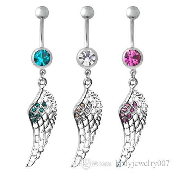 

d0502 ( 3 colors ) nice feather style navel button ring clear,aqua, pink colors piercing body jewlery 1.6*11*5 8 belly ring, Silver