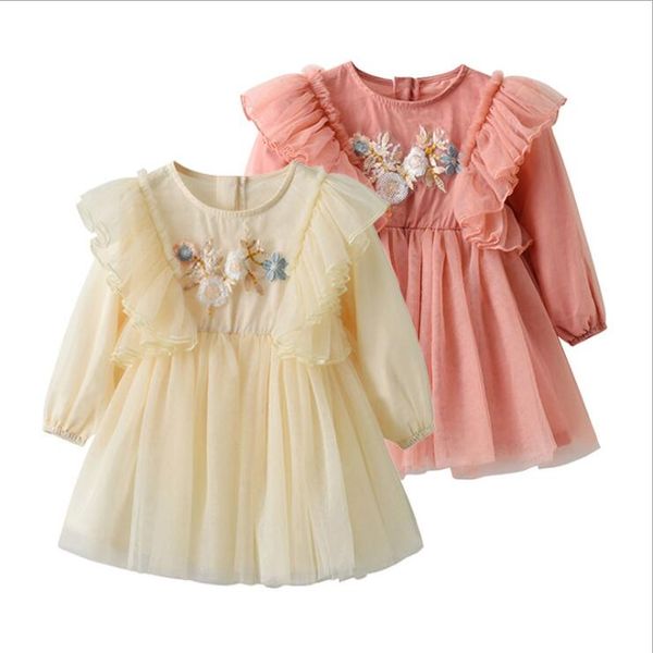 Tule infantil tule princesa vestido bebê meninas roupas flor bordados vestidos recém-nascidos manga longa criança vestidos de bebê roupas a6257
