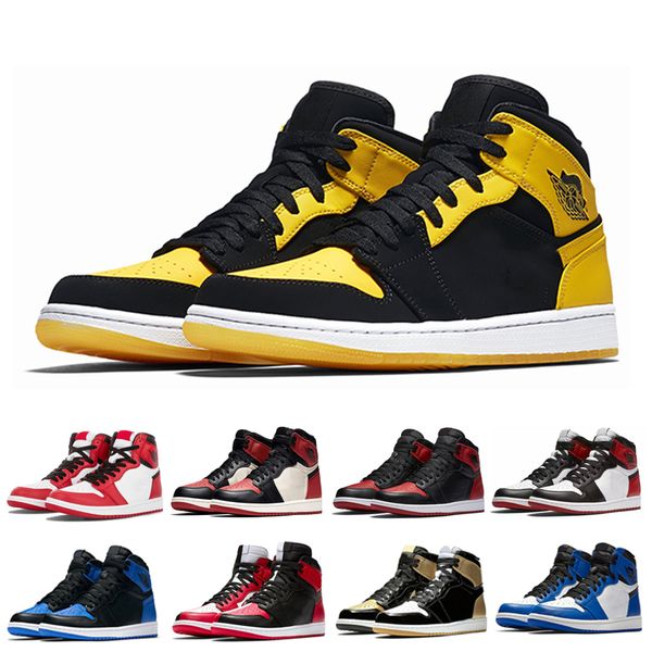 

2019 Mens Basketball Shoes Top Quality Black White Court Purple Bred Banned UNC 1s Barons Metallc Red Game Royal Designer Sport Sneakers