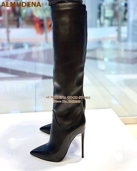 

almudena black matte leather knee high boots stiletto heels slim fit long boots women tall gladiator dress shoes dropship