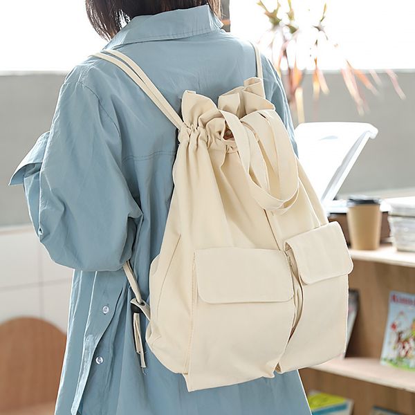 

wild drawstring student bag casual small fresh solid color backpack chic literary arts canvas backpack canvas women