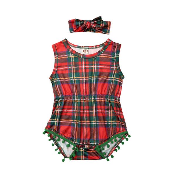 

2020 Newest Hot Newborn Infant Baby Girl Sleeveless Checked Playsuit Tassel Balls Clothes Xmas Plaid Bodysuit With Headband