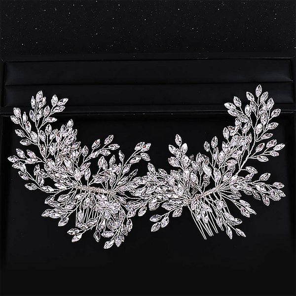 

trendy crystal rhinestone double hair comb hair accessories bride leaf headband tiaras headpiece wedding noiva head jewelry sl, Golden;white