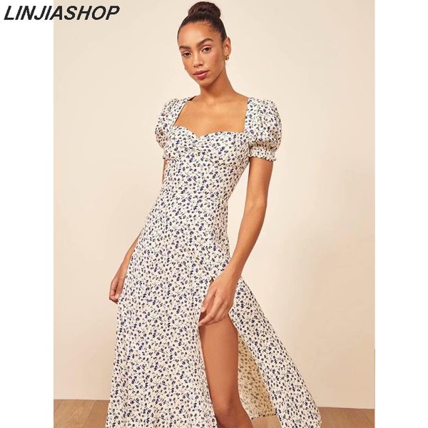 

vintage elegant square neck summer print dress women short lantern sleeve a line slim waistline holiday beach split dress, Black;pink