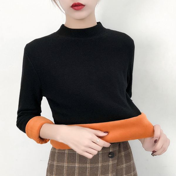 

plus velvet half-neck knitted sweater women 2019 new autumn winter korean loose long sleeve elasticity pullover sweater feminino, White;black