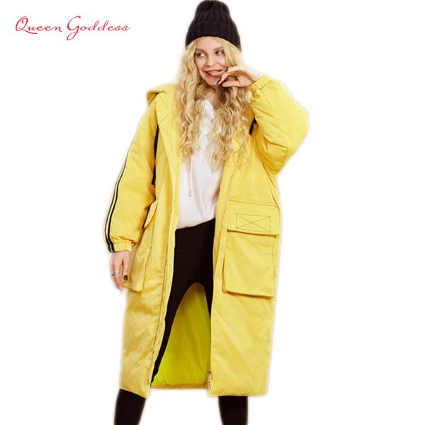 

autumn and winter women long duck down warm jacket yellow and white color with hat plus size cocoon style parkas sport outwear, Black