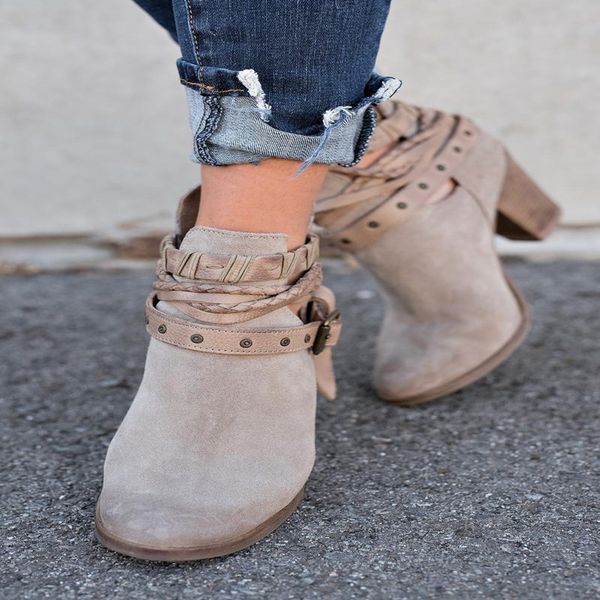 

ladies spring autumn rivets belt party dress boots shoes motorcycle 34-43 women thick heels ankle strap flock bukle boots shoes, Black