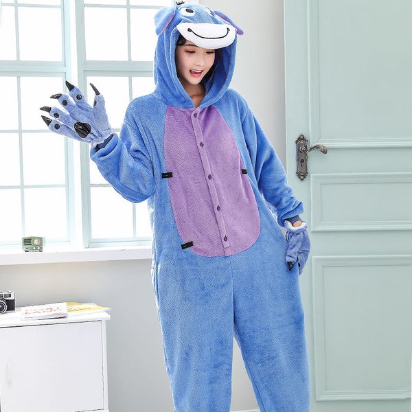 

beiji rong cartoon piece pajamas cute animal little donkey couples coral flannel autumn and winter-style costumes, Blue;gray
