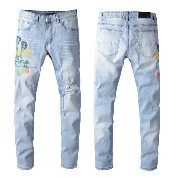 

2019 us size 28~40 hip hop punk pants men's motorcycle moto biker denim mens distressed ripped skinny jeans brand designer 629, Blue