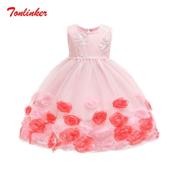 

girls pink flowers birthday party sleeveless princess dresses girls wedding birthday theme party dress ball gown vestido, Black;red