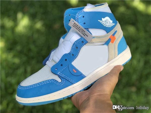 

2020 off air authentic 1 high unc basketball shoes men chicago white powder university blue varsity red dark cone sneakers with original box