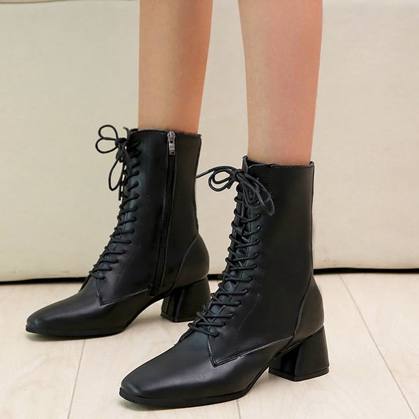 

women's boots ladies lace up shoes fashion hoof heels winter med zipper middle shaft boots female solid chaussures femme, Black