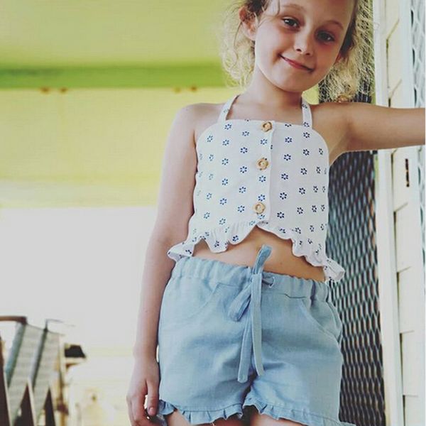 

1-6t toddler kid baby girl clothes set boho beach summer strap denim shorts fashion cute lovely streetwear outfits set, White