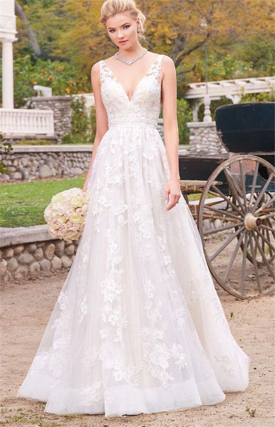 

lace a line wedding dresses v neck open back beaded lace applique plus size wedding dress bridal gonws 2019, White
