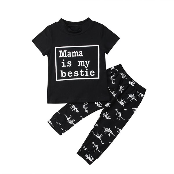 

2pcs/set toddler kids baby boy girl short sleeve letter print cotton t-shirt +dinosaur pant legging outfit clothing set, White