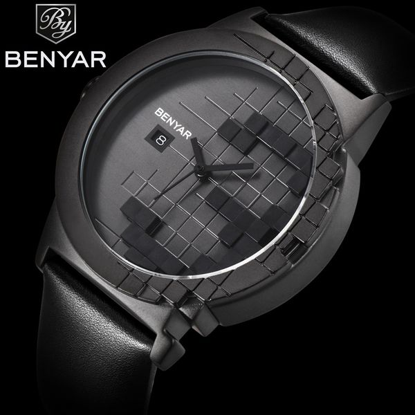 

benyar watches men quartz analog leather clock mens fashion sports watches army watch relogio masculino, Slivery;brown
