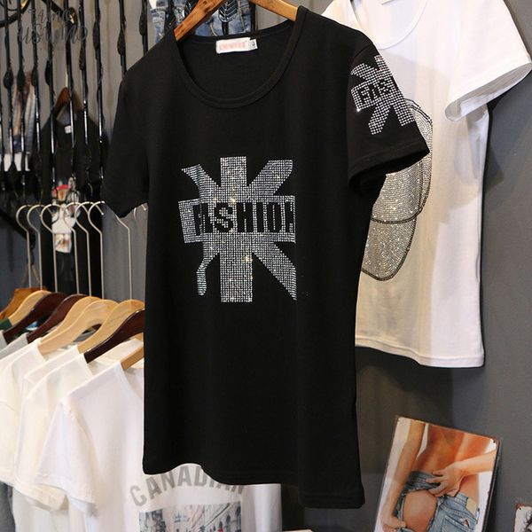 

black t shirt with diamond ladies 2020 new summer fashion loose drilling thin slim o neck short sleeve women t shirt, White