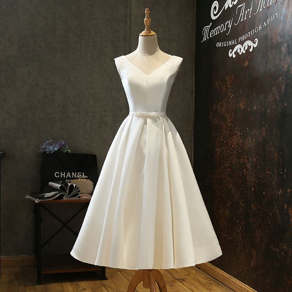 2019 Real Photo White Satin Country Wedding Dresses Simple Knee