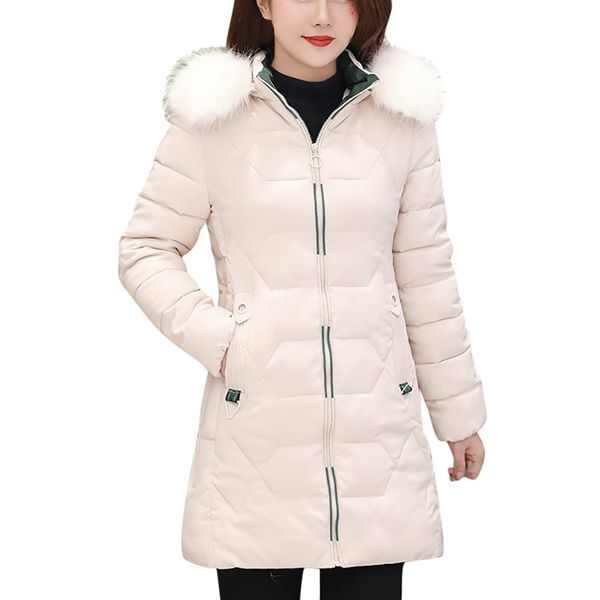 

jaycosin fashion ladies solid fur collar zipper cotton jacket casual daily wild long coat fashion warm autumn and winter loose, Black