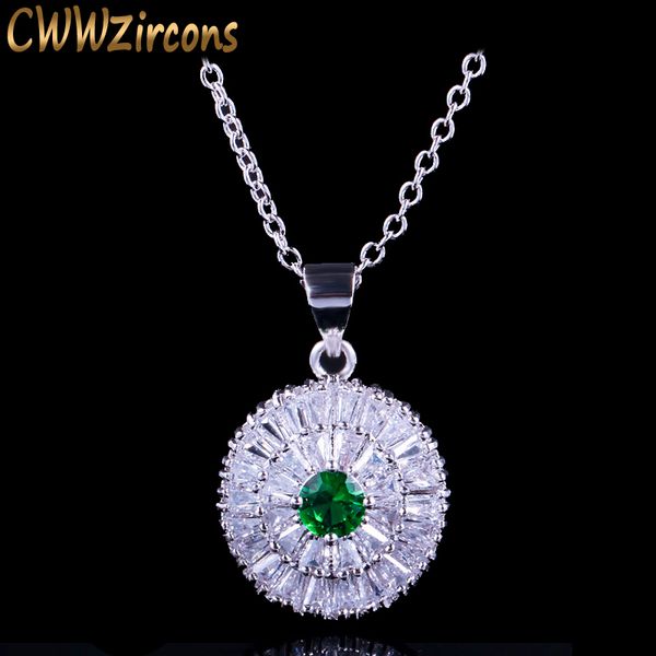 

cwwzircons new fashion famous brand jewelry solitaire round drop cz green crystal stones pendant necklace for women cp073, Silver