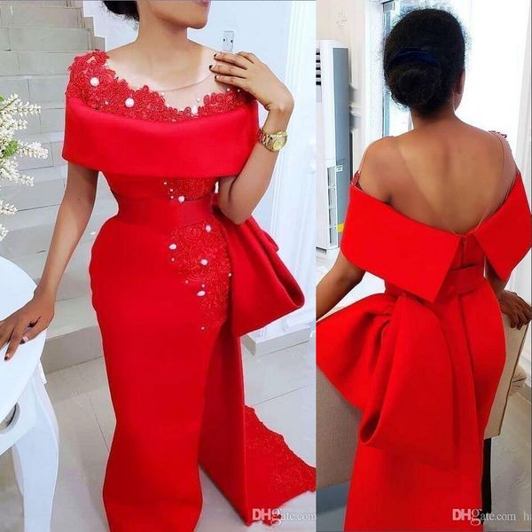 

new red mermaid evening dresses wear sheer neck off shoulder illusion satin lace appliques beaded sashes bow formal party prom gowns, Black;red