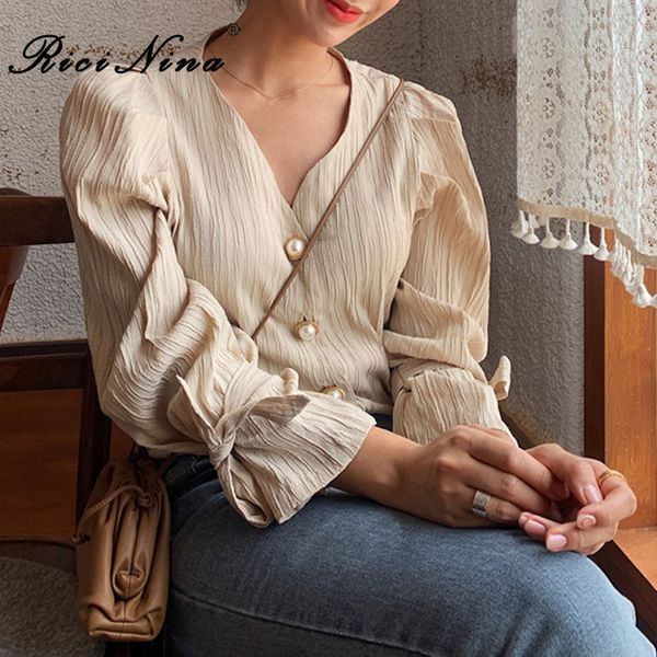 

ricinina womens blouse elegant long sleeve v neck ruffled pearl buttons french vintage shirt women and blouses autumn 2019, White