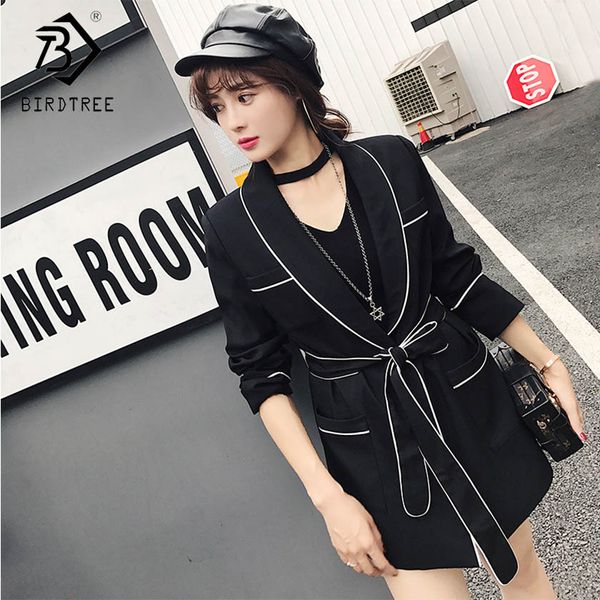 

women solid blazers long sleeve notched hidden breasted black pockets sashes coat office lady 2019 spring new c91433j, White;black