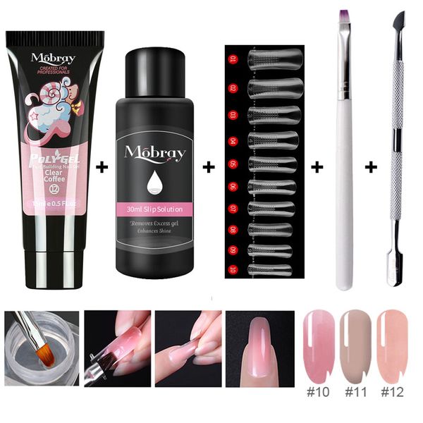

5pcs/kit nail extension poly gel set with nial tips dual form qiuck dry polygel builder gel for manicure finger extension brush, Red;pink