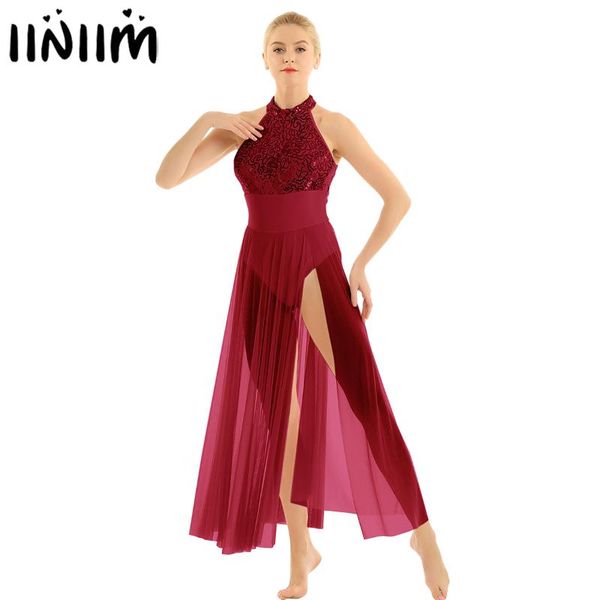 

iiniim athletic dancewear costumes sequined maxi ballet dance for performance with built-in gymnastics leotard for womens, Black;red