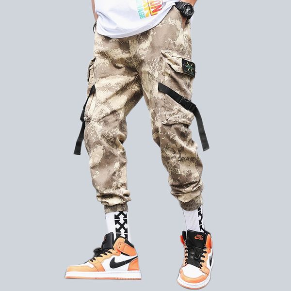 

men camo cargo pants hip hop ribbons mens streetwear casual co pockets joggers pants male fashion sweatpants homme trousers, Black