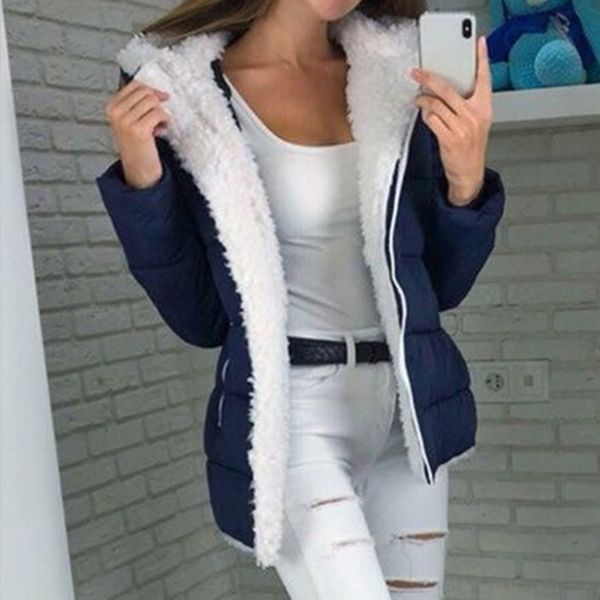 

quilted ultra light warm with hood plain zip thick windproof loose women winter coat casual fashion plus velvet long sleeve, Black