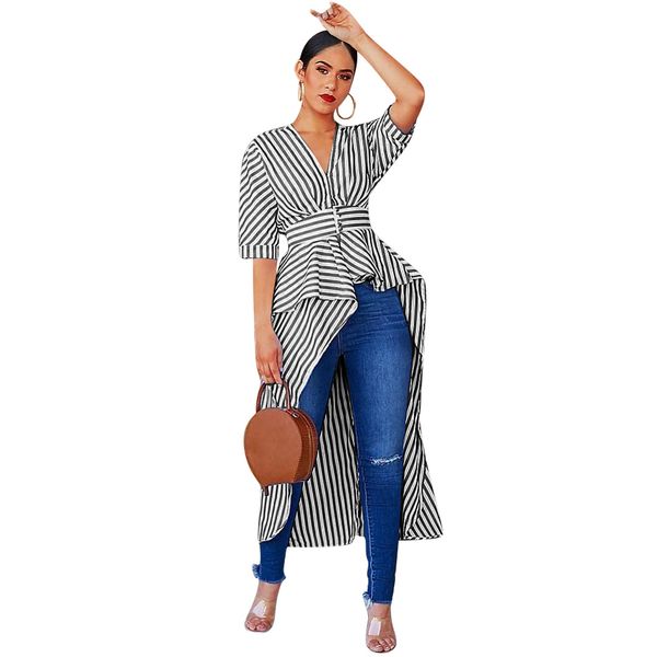 

women clothing stripe shirts half sleeve irregular personality new fashion lapel summer casual style european wind shirts, White