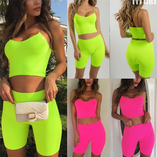 

active 2pcs summer women fluorescence tracksuits lady sleeveless sling crop high waist shorts lady jogging sport suits, White
