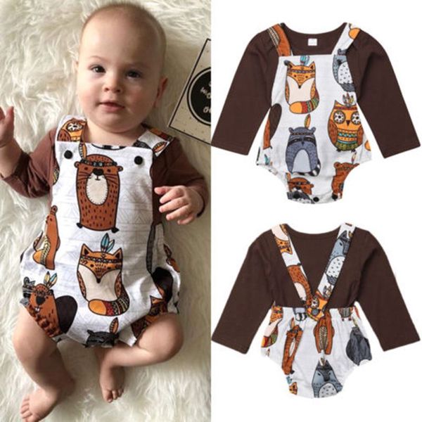

2018 fashion newborn baby boys outfits clothes t-shirt +cartoon print romper overall 2pcs set, White