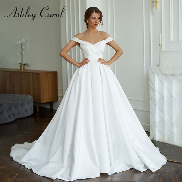 

vintage wedding dress 2020 off the shoulder court train simple satin romantic bride dresses a-line wedding gowns, White