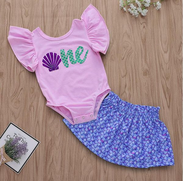 

girl shell letter print fish scale romper dress set baby jumpsuit skirt suit kids clothes two pieces zht 184, White