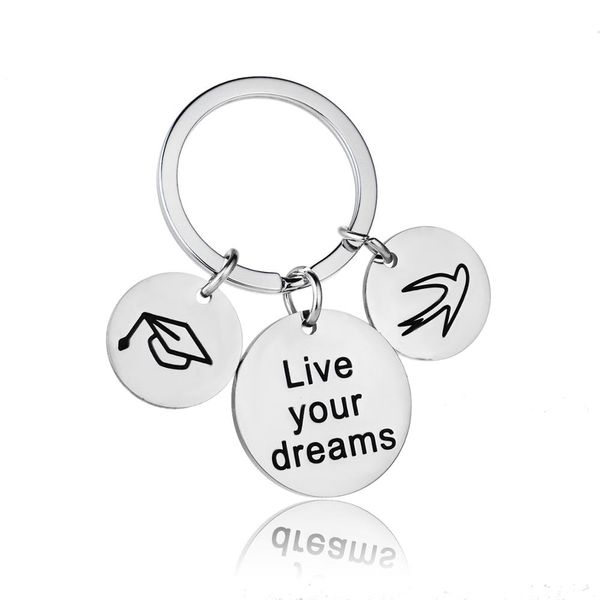 

12pc wholesale graduation cap swallow stainless steel live your dreams keyring keychain gift for friend family love inspiration, Silver