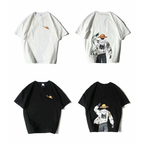 

japan's new short-sleeved menswear summer 2020 t-shirt features a round-neck cartoon character print oversize half-sleeved shirt, White;black