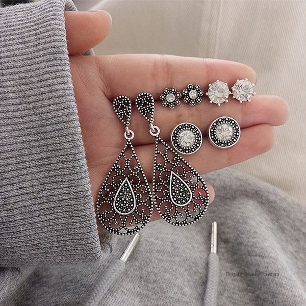 

8 Pcs/set Women's Fashion Carved Hollow Water Drops Round Crystal Gem Pendant Silver Earrings Bohemian Jewelry Accessories