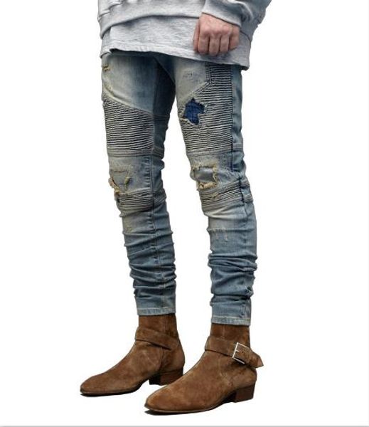 

mens designer jeans homme slim fit biker jeans mens ripped draped holes pencil jean pants pantalones mens clothing, Blue