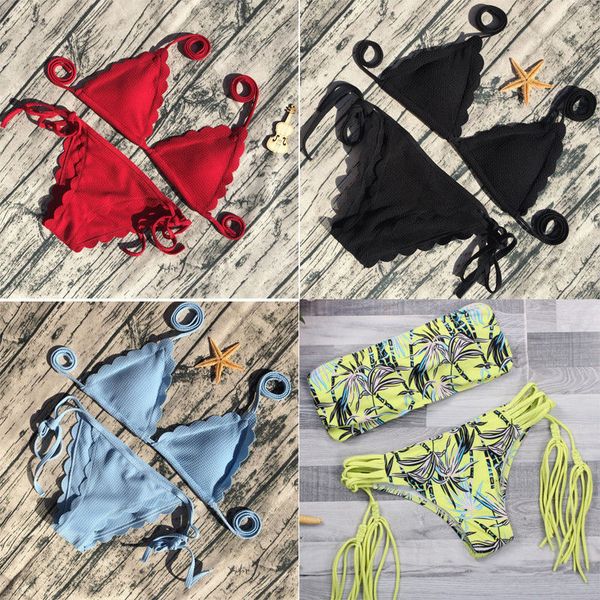 

bikinis set 2021 halter style bandage women swimwear solid push up padded bra swimsuits beachwear bathing suits