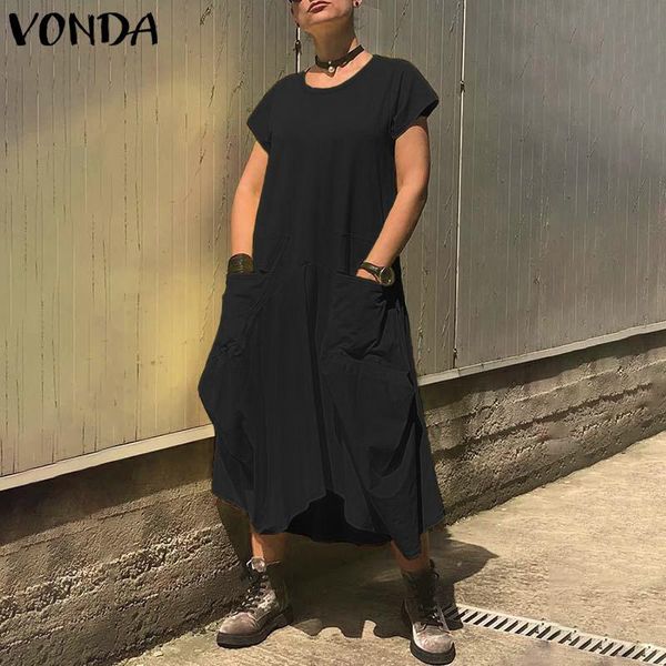 

vonda женские летние платья 2020 женщины старинные твердые короткие рукава пуговицы платья негабаритных сарафан femme халат s-5xl vestidos, Black;gray