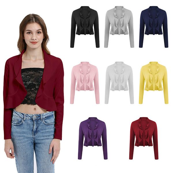 

women short jacket solid ruffled collar long sleeve open stitch female jackets autumn coat female biker outwear clothes top, Black;brown