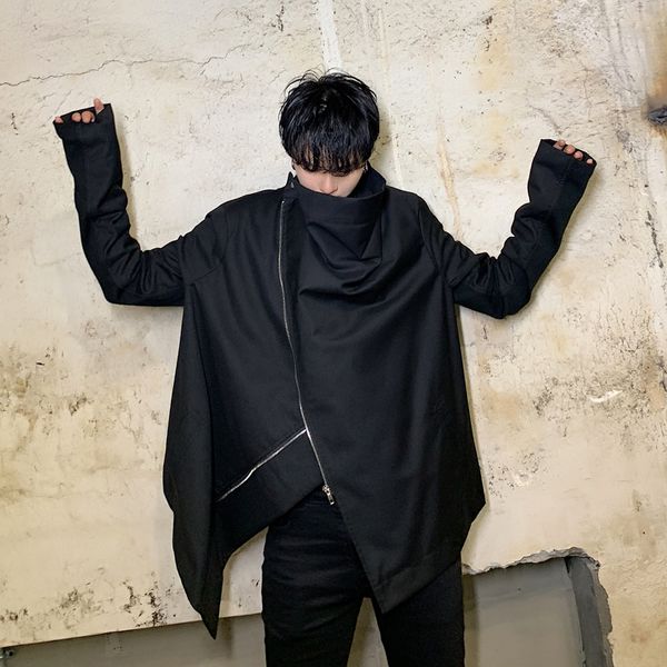 

harajuku japanese style men's irregular zipper jacket men autumn casual solid fashion street clothing high collar mens overcoat, Black;brown