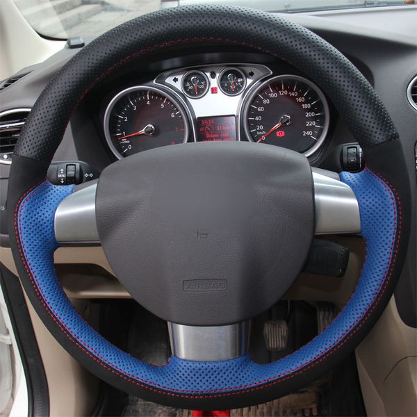

blue black genuine leather black suede hand sewing steering wheel cover for ford focus 2 2005-2011(3-spoke