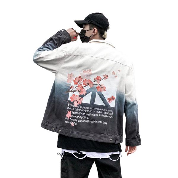 

2019 autumn tide brand the gradient color floral denim jacket coat men loose bf graffiti print hip hop denim jackets, Black;brown